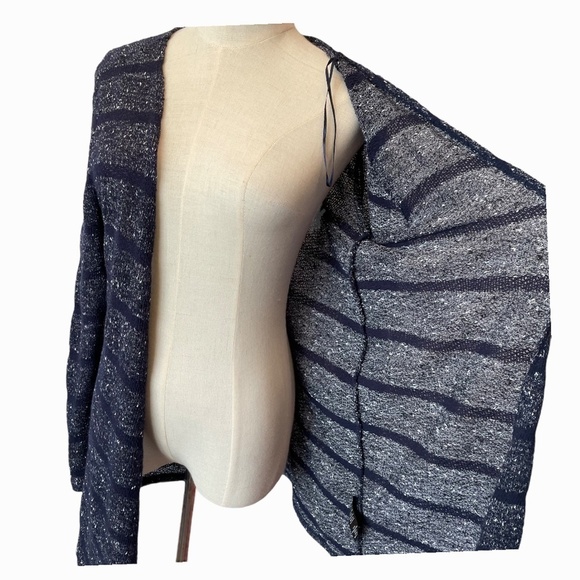 Jess Sz.M Dark Blue Long Line Mid Length Striped Speckle Knit Cardigan Cozycore - Picture 4 of 8